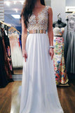 Luxuriöses, bodenlanges, weißes Ball-/Abendkleid aus Chiffon in A-Linie mit V-Ausschnitt und Perlenstickerei TP0148