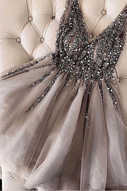 Sequins Beaded V-neck Tulle Short Gray Homecoming Dresses HD0012 US16 / Custom Color Sequins Beaded V-neck Tulle Short Gray Homecoming Dresses HD0012 US16 / Custom Color