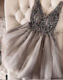 Luxurious Sequins Beaded V-neck Tulle Short Gray Homecoming Dresses HD0012 - Tirdress