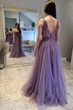 Mauve Tulle Lace Open Back A-Line Prom Gown Formal Dress TP1178 - Tirdress