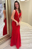 Mermaid Deep V Neck Red Lace Long Prom Dress Formal Dress TP1157 - Tirdress