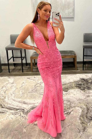 Mermaid Deep V Neck Red Lace Long Prom Dress Formal Dress TP1157 - Tirdress