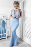 Sirène Halter Blue Stretch Satin Floor-length Keyhole Robe de bal avec dentelle TP0091