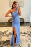Blaues, langes Spitzen-Abendkleid im Meerjungfrau-Stil mit einer Schulter und Schlitz TP1206