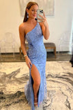 Mermaid One Shoulder Blue Long Lace Prom Evening Dress With Split TP1206 - Tirdress