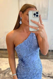 Mermaid One Shoulder Blue Long Lace Prom Evening Dress With Split TP1206 - Tirdress