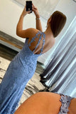 Mermaid One Shoulder Blue Long Lace Prom Evening Dress With Split TP1206 - Tirdress
