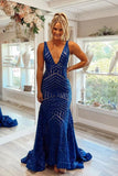 Meerjungfrau, königsblau, V-Ausschnitt, langes Ballkleid, Partykleid TP1147