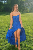 Mermaid Strapless Royal Blue Lace Prom Formal Dress with Split TP1191