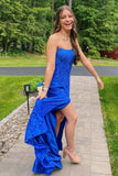 Mermaid Strapless Royal Blue Lace Prom Formal Dress with Split TP1191 - Tirdress