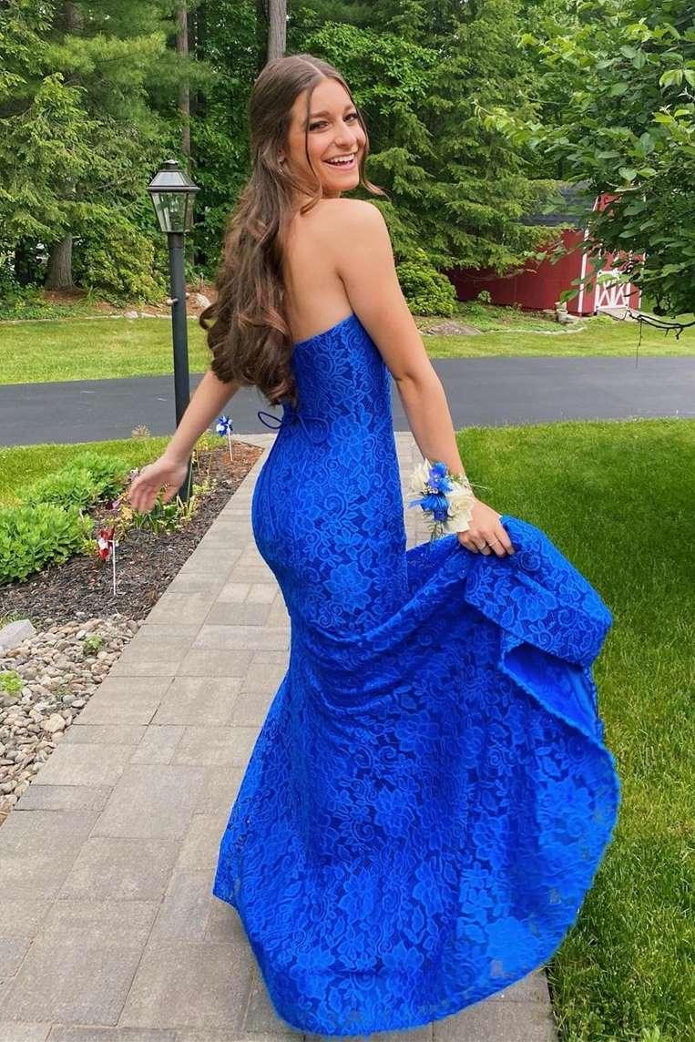 Mermaid Strapless Royal Blue Lace Prom Formal Dress with Split TP1191 Tirdress