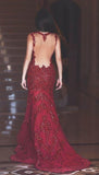 Mermaid Straps Sweep Train Red Tulle Prom Dress With Appliques TP0097 - Tirdress