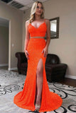 Zweiteiliges Abendkleid im Meerjungfrau-Stil mit orangefarbenen Pailletten, langes Abendkleid TP1149