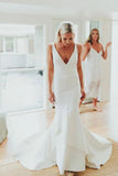 Mermaid V-Neck Backless Sweep Train Satin Charming Wedding Dress TN120 - Tirdress