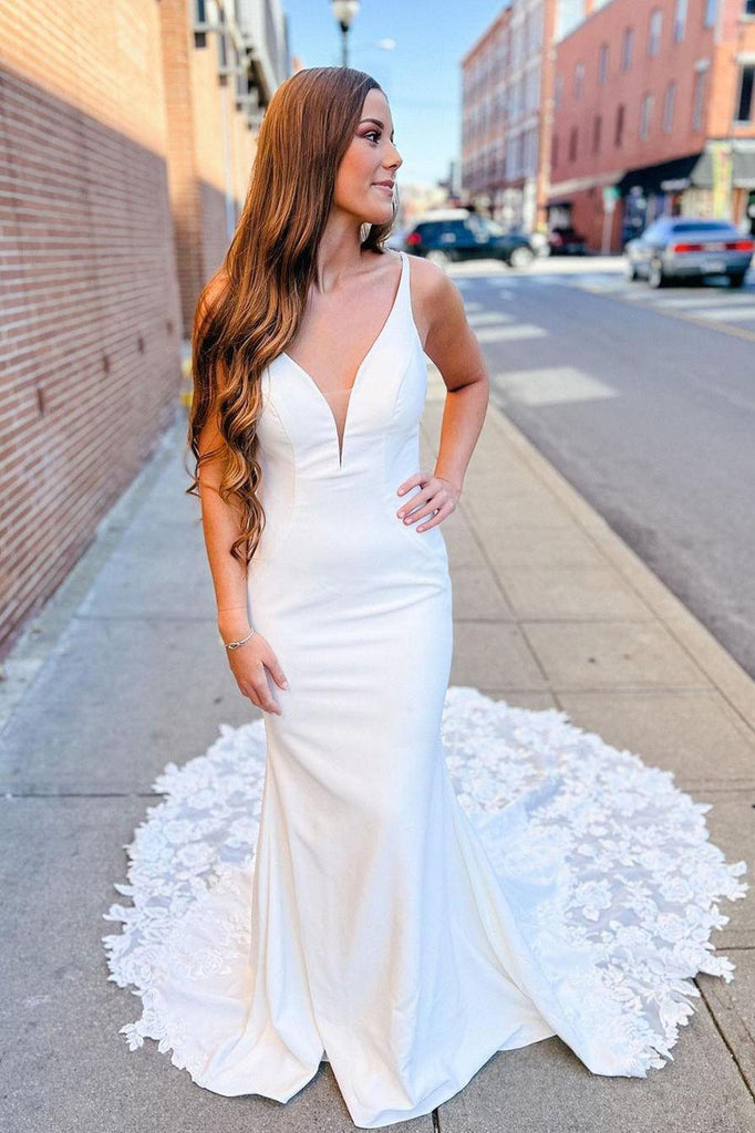Mermaid V-Neck Ivory Satin Wedding Dress With Lace Appliques TN334 - Tirdress