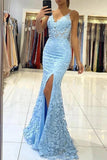 Sirène col en V dos nu dentelle bleue longue robe de soirée de bal TP1212