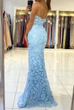 Mermaid V Neck Backless Blue Lace Long Prom Evening Dress TP1212 - Tirdress