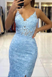 Mermaid V Neck Backless Blue Lace Long Prom Evening Dress TP1212 - Tirdress