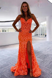 Mermaid V Neck Glitter Slit Orange Split Prom Formal Dress TP1207 - Tirdress