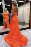 Mermaid V Neck Glitter Slit Orange Split Prom Formal Dress TP1207 - Tirdress