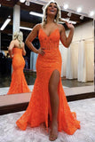Abendkleid im Meerjungfrau-Stil, V-Ausschnitt, Glitzer, Schlitz, Orange, geteilt, formelles Kleid TP1207