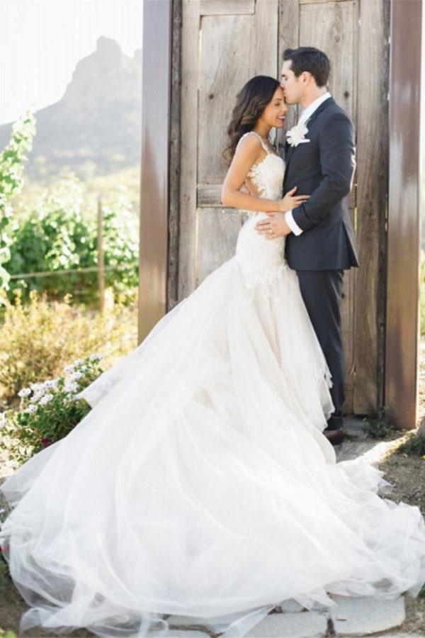 Mermaid Boat Neck Court Train Ivory Tulle Wedding Dress WD156 - Tirdress