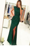 Mermaid Cap Sleeves Dark Green Open Back Sequin Prom Dresses PG487 - Tirdress