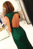 Mermaid Cap Sleeves Dark Green Open Back Sequin Prom Dresses PG487 - Tirdress