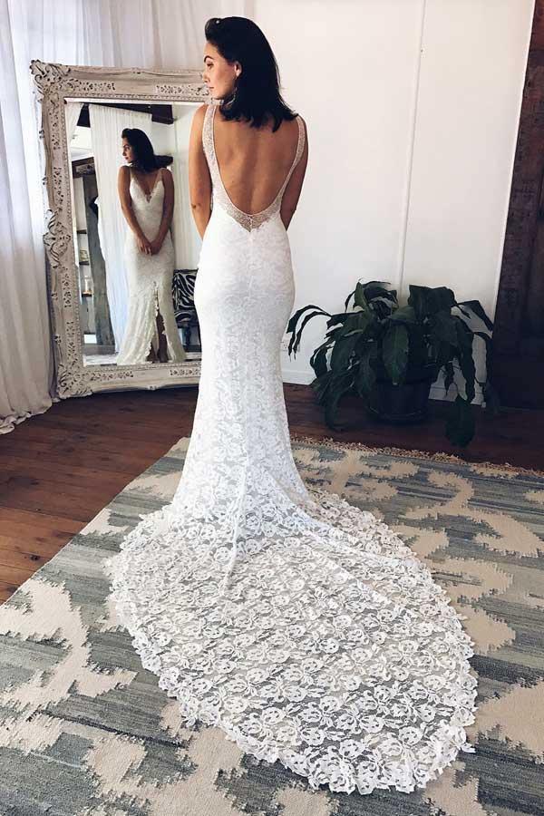 Mermaid Deep V-Neck Court Train Split White Lace Wedding Dress WD146 - Tirdress