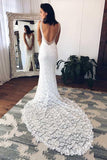 Meerjungfrau-Hochzeitskleid mit tiefem V-Ausschnitt, Hofschleppe und geteilter weißer Spitze WD146