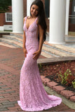 Mermaid Deep V-Neck Floor Length  Lace Prom Dresses with Beading PG450