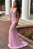 Mermaid Deep V-Neck Floor Length Lace Prom Dresses with Beading PG450 - Tirdress