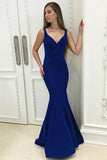 Mermaid Deep V-Neck Sweep Train Royal Blue Velvet Pleats Prom Dress TP0153