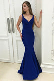 Mermaid Deep V-Neck Sweep Train Royal Blue Velvet Pleats Prom Dress TP0153 - Tirdress