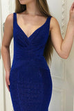 Mermaid Deep V-Neck Sweep Train Royal Blue Velvet Pleats Prom Dress TP0153 - Tirdress