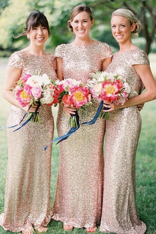 Mermaid Floor Length Sequins Gold Bridesmaid Dress With Short Sleeves US14 / Custom Color Mermaid Floor Length Sequins Gold Bridesmaid Dress With Short Sleeves US14 / Custom Color