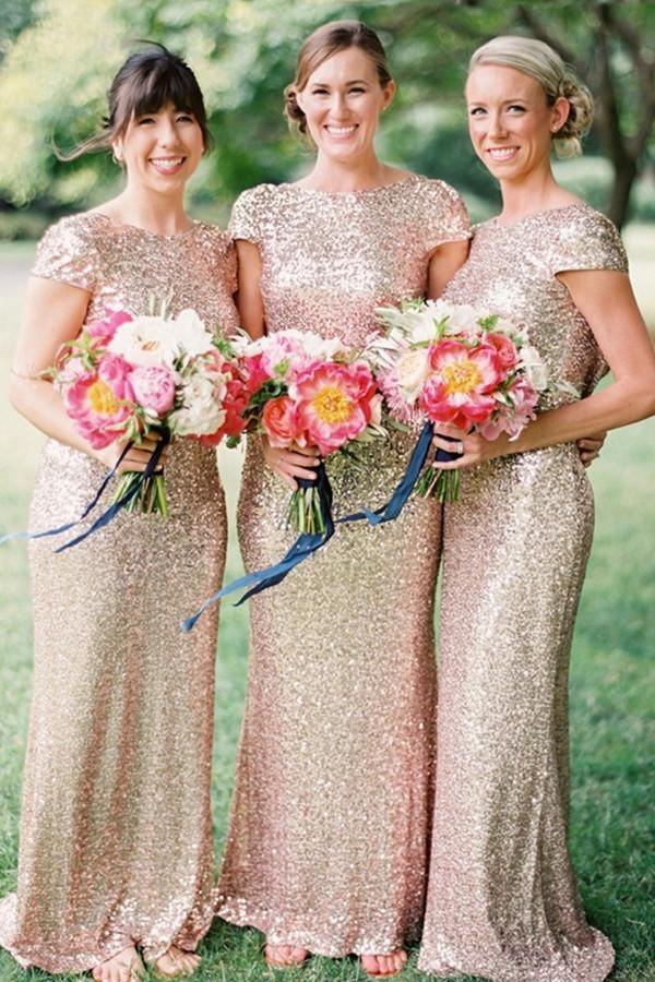 Mermaid Floor Length Sequins Gold Bridesmaid Dress With Short Sleeves TY0002 - Tirdress