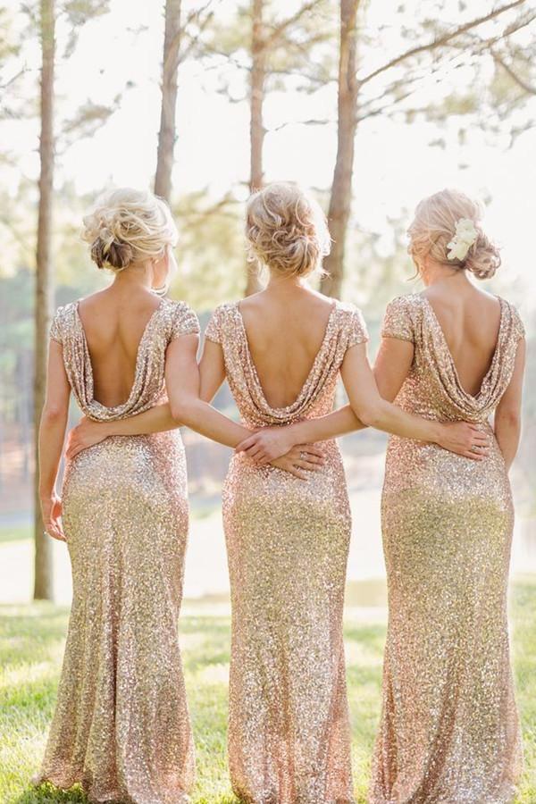 Mermaid Floor Length Sequins Gold Bridesmaid Dress with Short Sleeves US14 / Custom Color Mermaid Floor Length Sequins Gold Bridesmaid Dress with Short Sleeves US14 / Custom Color