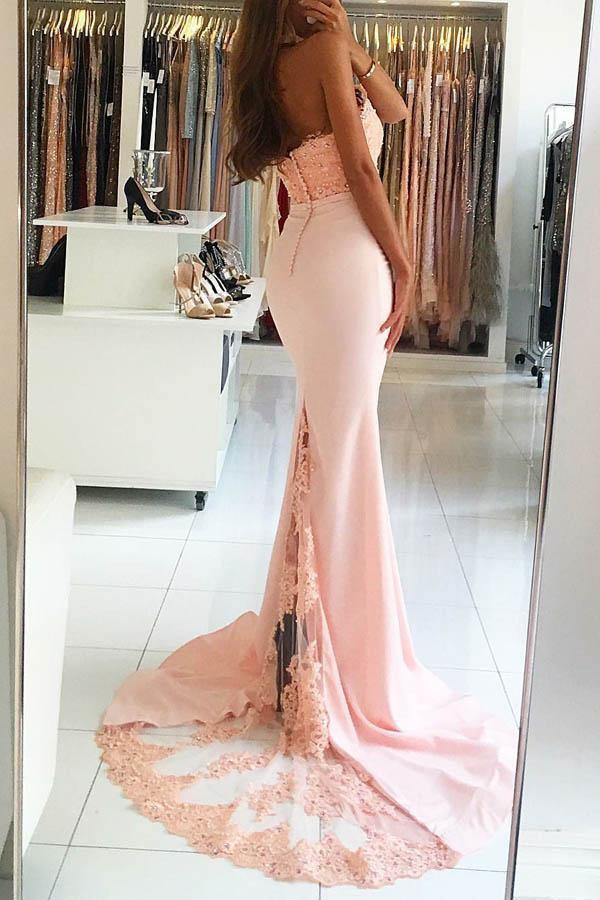 Mermaid High Nack Sweep Train Pink Satin Prom Dress with Beading Lace PG426 - Tirdress