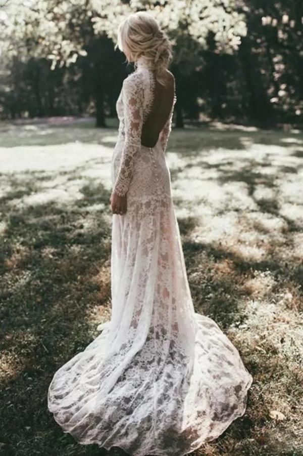Mermaid High Neck Backless Long Sleeves Boho Lace Wedding Dress TN147 - Tirdress