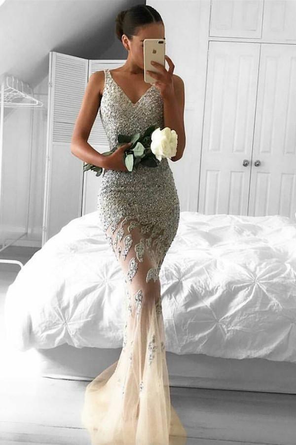 Mermaid Lace Appliques Sleeveless Beads Tulle Evening Dress PG350 - Tirdress