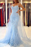 Sirène Dentelle Bleu Tulle Longue Robe De Bal Robe De Soirée TP1051