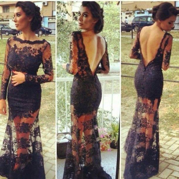 Mermaid Lace Long Sleeves Open Back Prom Dresses Evening Gowns PG331 - Tirdress