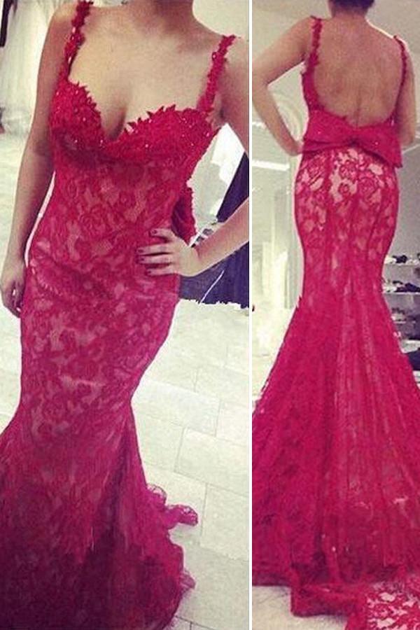 Mermaid Lace Red Prom Dresses Evening Gown Party Dressess PG285 - Tirdress