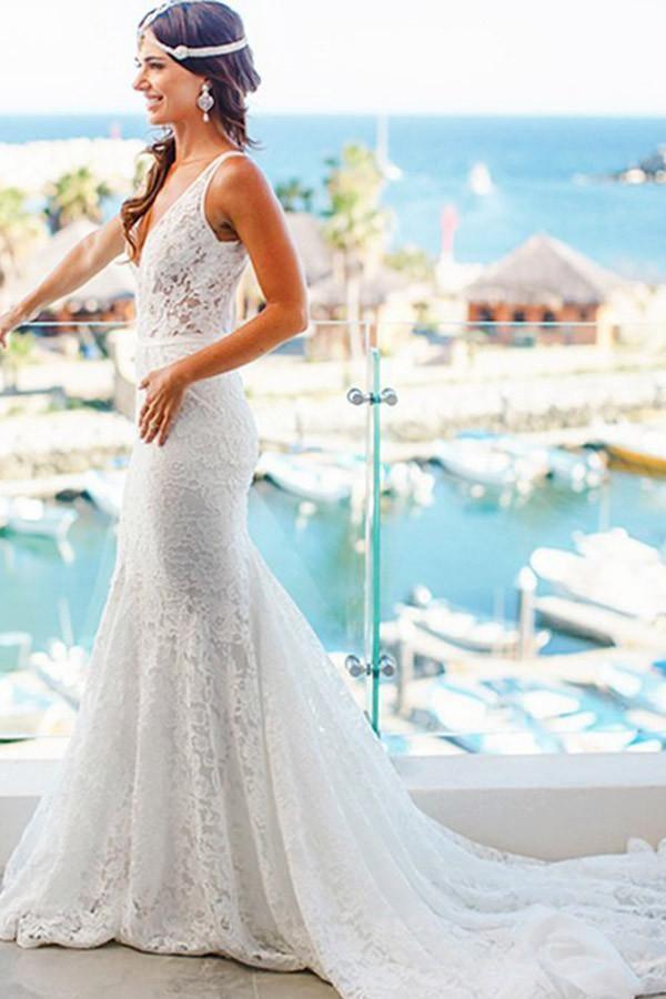 Mermaid Lace V-neck Court Train Beach Wedding Dress WD107 - Tirdress