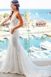 Mermaid Lace V-neck Court Train Beach Wedding Dress WD107 - Tirdress