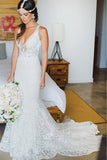 Mermaid Lace V-neck Court Train Beach Wedding Dress WD107 - Tirdress