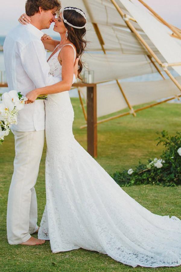 Mermaid Lace V-neck Court Train Beach Wedding Dress WD107 - Tirdress