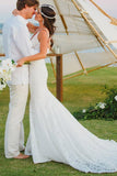 Mermaid Lace V-neck Court Train Beach Wedding Dress WD107 - Tirdress