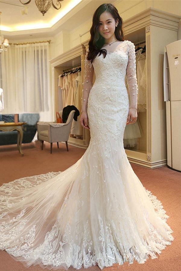 Mermaid Long Sleeves Court Train Wedding Dresses With Beading WD065 - Tirdress